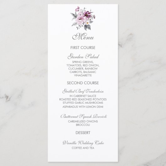 Elegante bloemige lavendelblauwe bruiloft menu (Voorkant)