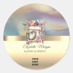 Elegante bloemige mixer bakkerij goud uw logo ronde sticker
