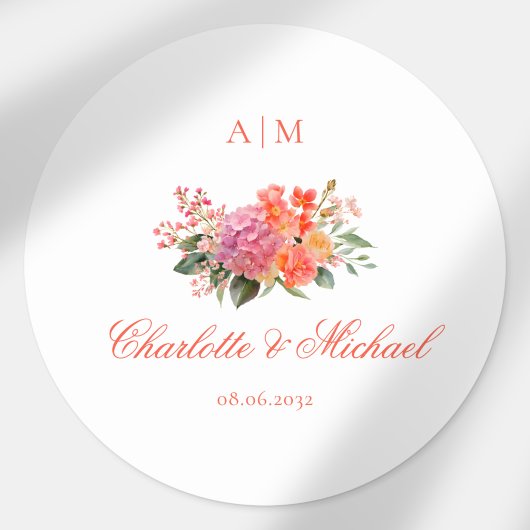 Elegante Bloemige Monogram Scriptie Bruiloft Ronde Sticker