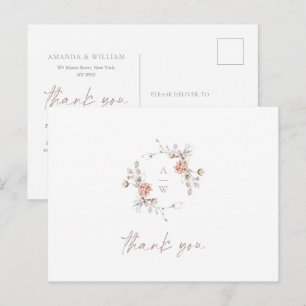 Elegante bloemige monogram trouwkaart met dankbetu briefkaart