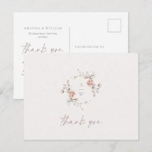 Elegante bloemige monogram trouwkaart met dankbetu briefkaart