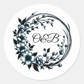 Elegante Bloemige Monogram Trouwstickers Ronde Sticker