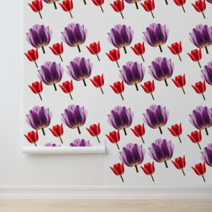 ELEGANTE BLOEMIGE PAARSE EN RODE TULPENBLOEM BEHANG