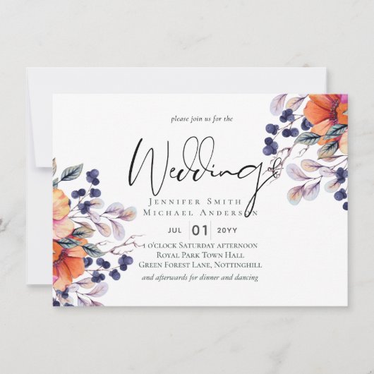 Elegante Bloemige Paarse Oranje Bruiloft (Voorkant)