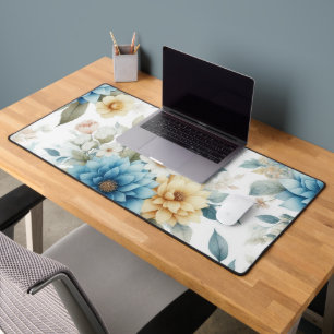 Elegante bloemige pastelblauw en geel op wit bureaumat
