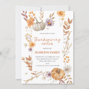 Elegante Bloemige Pompoen Thanksgiving-diner Kaart