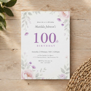 Elegante bloemige salie paarse 100ste verjaardag kaart