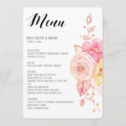 Elegante bloemige trouwmenu Parels Kant Menu (Voorkant)