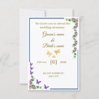 Elegante bloemige trouwuitnodiging met vlinders bedankkaart