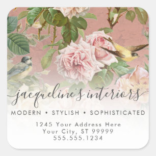 Elegante Bloemige Vintage Vogels Stof Roze Rozen Vierkante Sticker