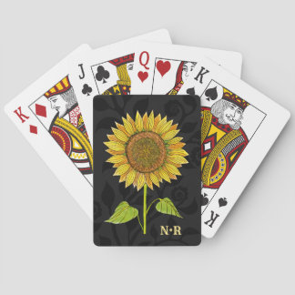 Elegante bloemige waterverf zonnebloem met monogra pokerkaarten