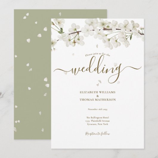 Elegante bloemige witte bloesem schrift huwelijks kaart (Voorkant / Achterkant)