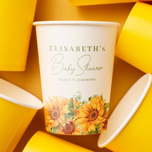 Elegante bloemige zonnebloem baby shower papieren bekers