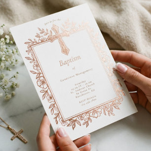 Elegante Bloemkruis Doop Religieuze Babyfoto Folie Uitnodiging