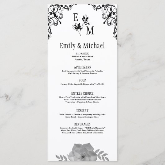 Elegante Bloemmonogram bruiloft Menu (Voorkant)