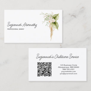 Elegante bloemrand rechts voorzijde QR-code achter Visitekaartje