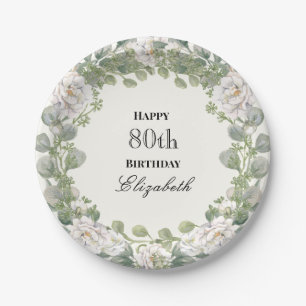 Elegante bloemrand Vrouwelijke 80ste verjaardag Cu Papieren Bordje