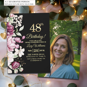 Elegante Bloemrijke Goud 48 Verjaardagsfoto Kaart