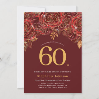 Elegante bloemrijke goud burgundy 60ste verjaardag kaart