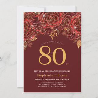 Elegante bloemrijke goud burgundy 80ste verjaardag kaart