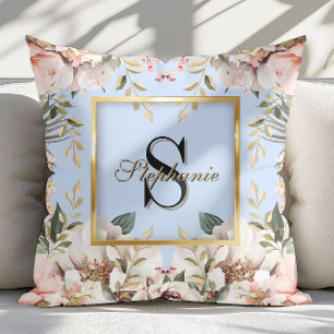 Elegante bloemrijke gouden lijst monogram lichtbla kussen