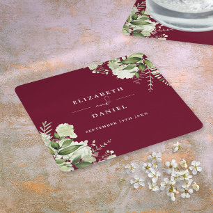 Elegante bloemrijke groene burgundy bruiloft vierkante kartonnen onderzetter