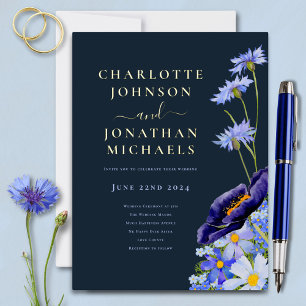 Elegante Bloemrijke Marineblauw en Goud Folie Uitnodiging Briefkaart