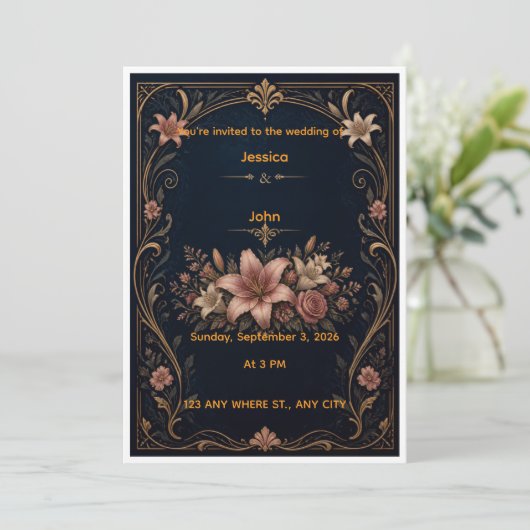 Elegante Bloemrijke Sierlijke Trouwuitnodiging Kaart (Staand voorkant)