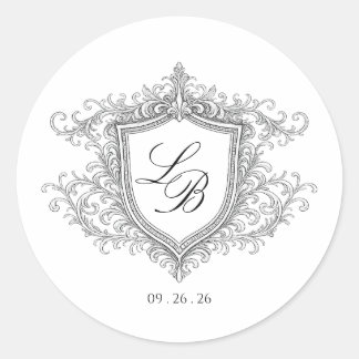 Elegante Bloemrijke Wapen Monogram Trouw Uitnodigi Ronde Sticker