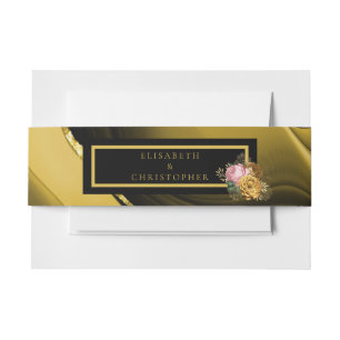 Elegante Bloemrijke Zwarte Gouden Bruiloft Uitnodigingen Wikkel