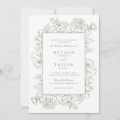 Elegante bloemrozen frame saliegroen bruiloft kaart (Voorkant)