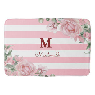 Elegante bloemrozen gestreepte monogram badmat