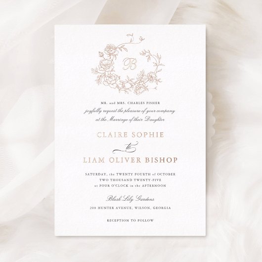 Elegante bloemrozen krans bruiloft monogram goud folie uitnodiging