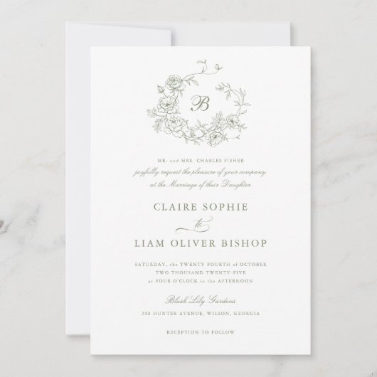 Elegante bloemrozen krans bruiloft salie monogram kaart (Voorkant)