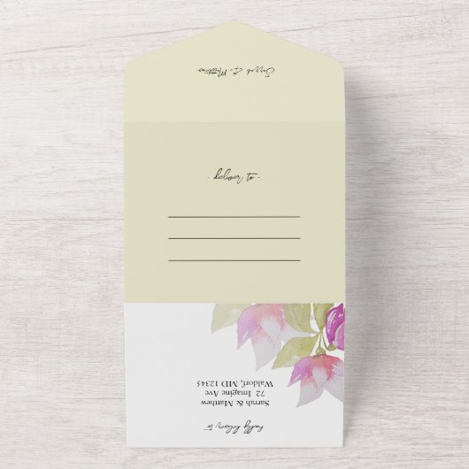 Elegante bloemsalie groen en roze all in one uitnodiging (Buitenkant)