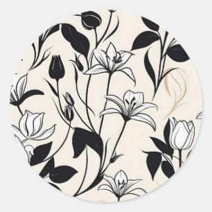 Elegante bloemsilhouetten wit en zwart ronde sticker