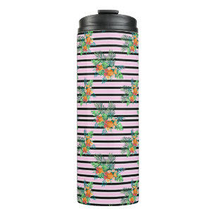 Elegante bloemstrepen - zwarte en roze bloem thermosbeker