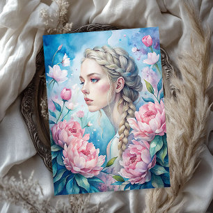 Elegante blonde vrouw shabby roze pioenen tissuepapier