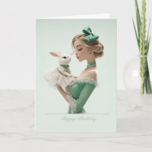 Elegante blondine in het groen met verjaardagskaar kaart