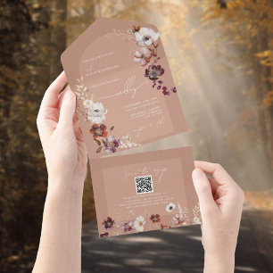 Elegante Blooms Licht Terracotta bruiloft QR RSVP All In One Uitnodiging