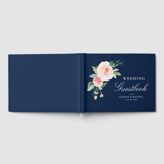 Elegante blos bloemenmarine bruiloft gastenboek (Volledig)