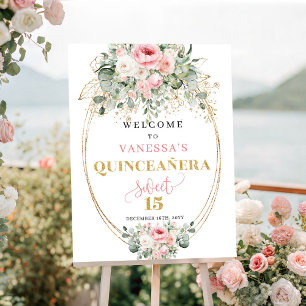 Elegante blos rozentuin gouden quinceañera welkoms poster