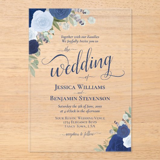 Elegante Blue Boho Chic Rozen Fancy bruiloft Acryl Uitnodigingen (Voorkant)