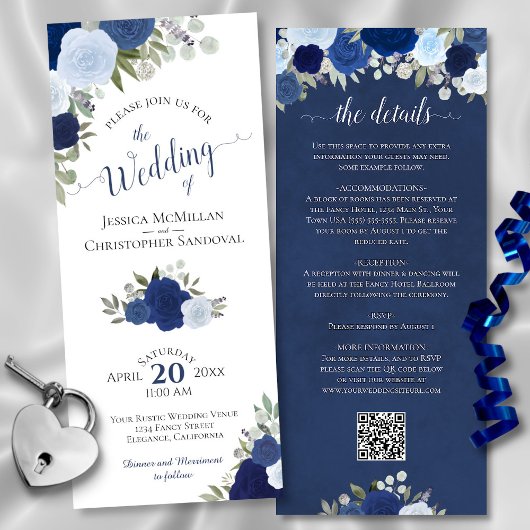 Elegante Blue Boho Rozen QR Code Details Huwelijk Kaart