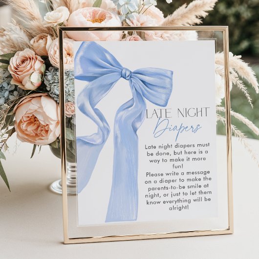 Elegante Blue Bow Baby shower Late Night Luiers Poster