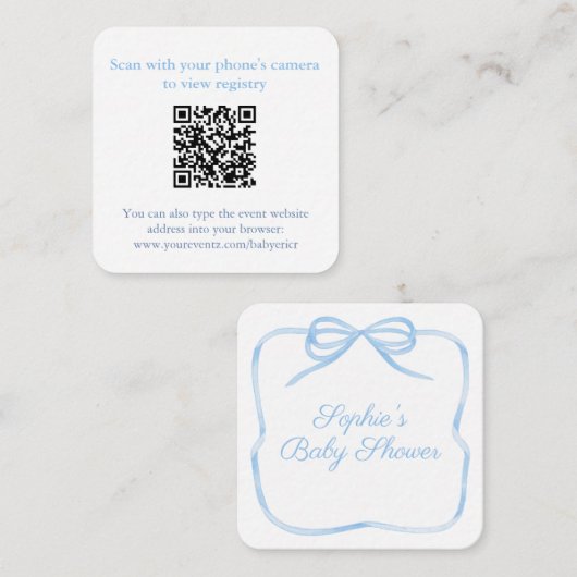 Elegante Blue Bow QR Code Doucheregister of RSVP Informatiekaartje (Voorkant / Achterkant)