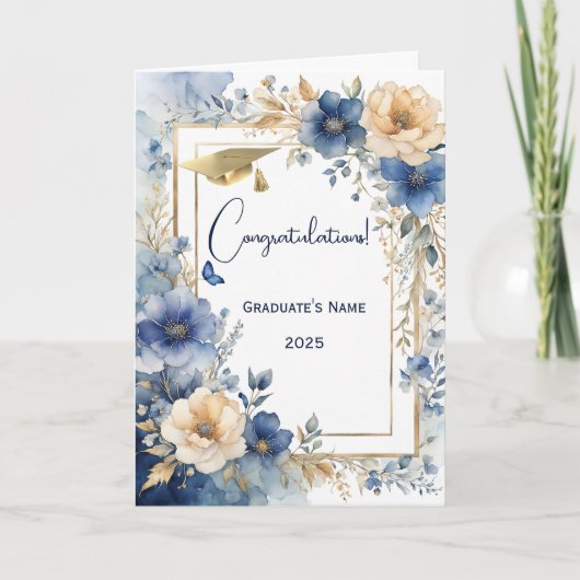 Elegante Blue Cream Floral gepersonaliseerd Afstud Kaart (Voorkant)