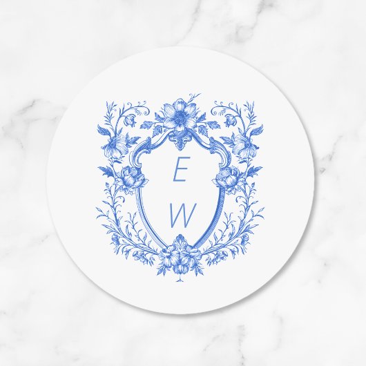 Elegante Blue Crest Monogram bruiloft Ronde Sticker