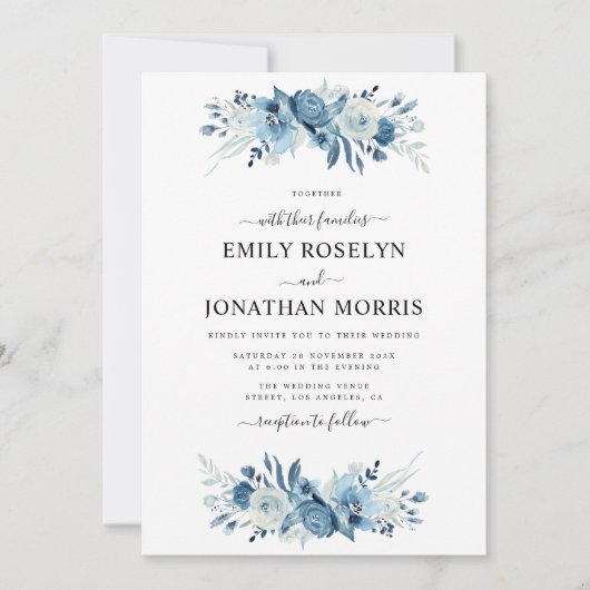 elegante blue floral bruiloft uitnodiging (Voorkant)