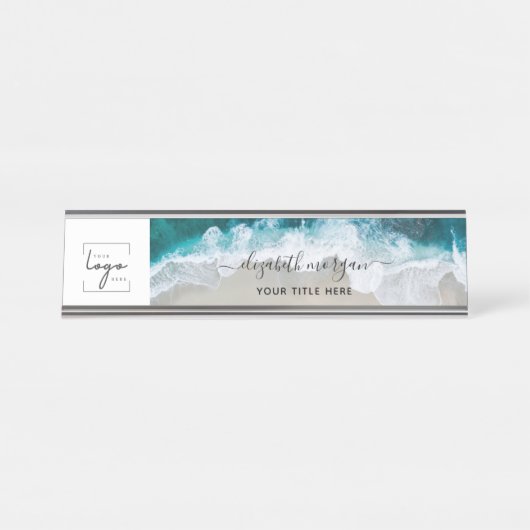 Elegante Blue Green Beach Custom Script Logo Bureau Naambordje (Voorkant)